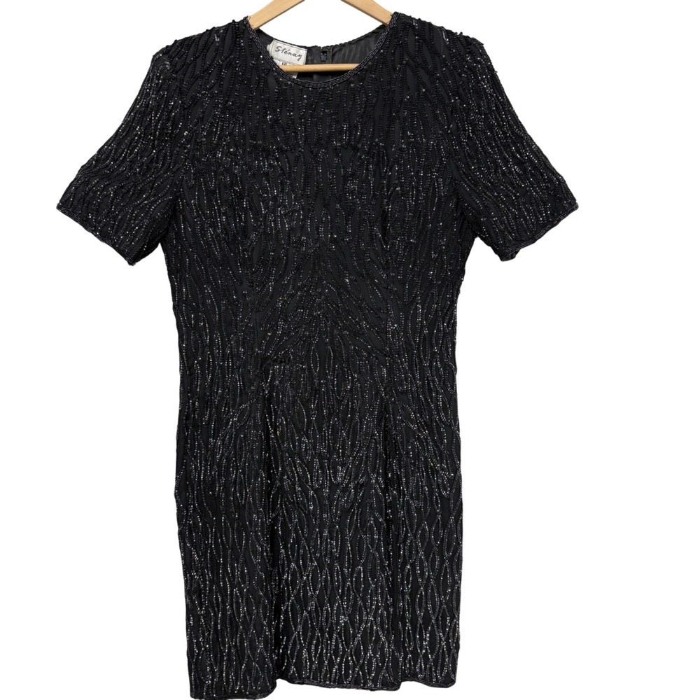 Stenay Vintage Black Silk Beaded Sequin Cocktail Dress Short Sleeve  12 80s 90s